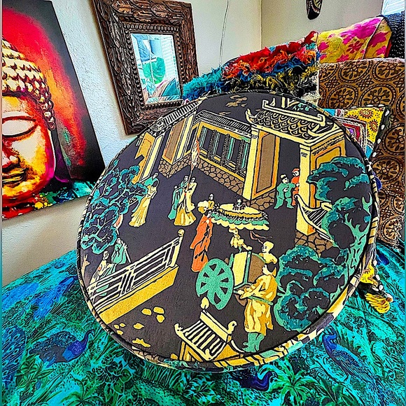 Pair of Round Black with Asian Motif Sitting Pillows (2pcs)